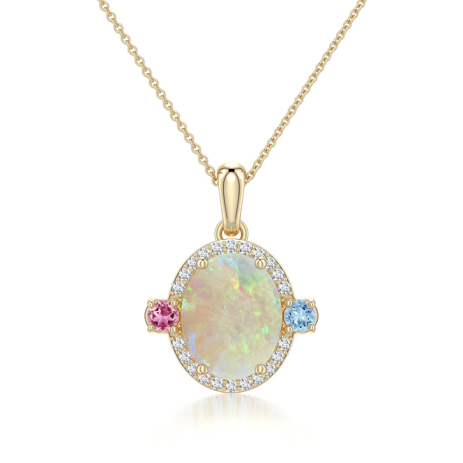 10x8mm AAA Oval Opal Halo Pendant with Aquamarine and Pink Tourmaline Accents in Yellow Gold - main