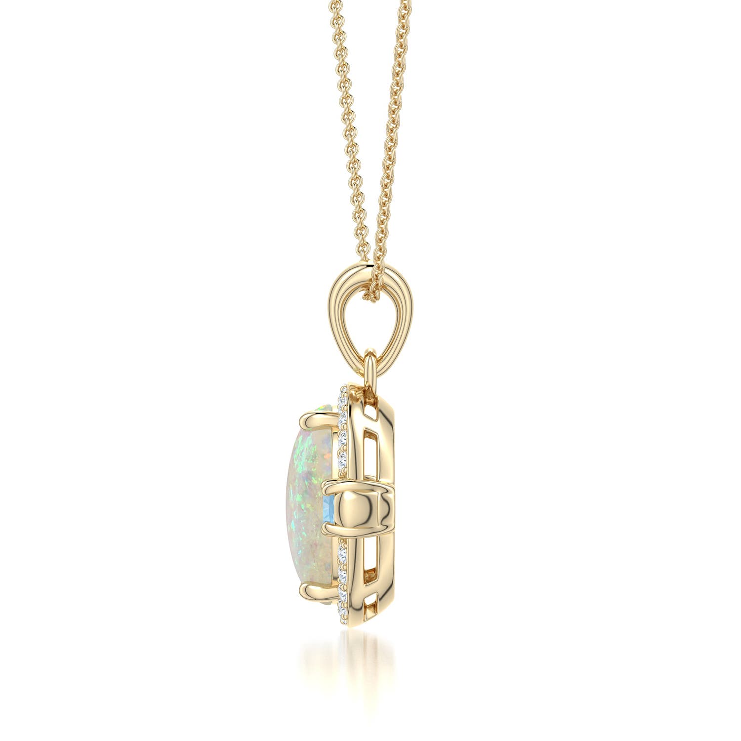 10x8mm AAA Oval Opal Halo Pendant with Aquamarine and Pink Tourmaline Accents in Yellow Gold - side