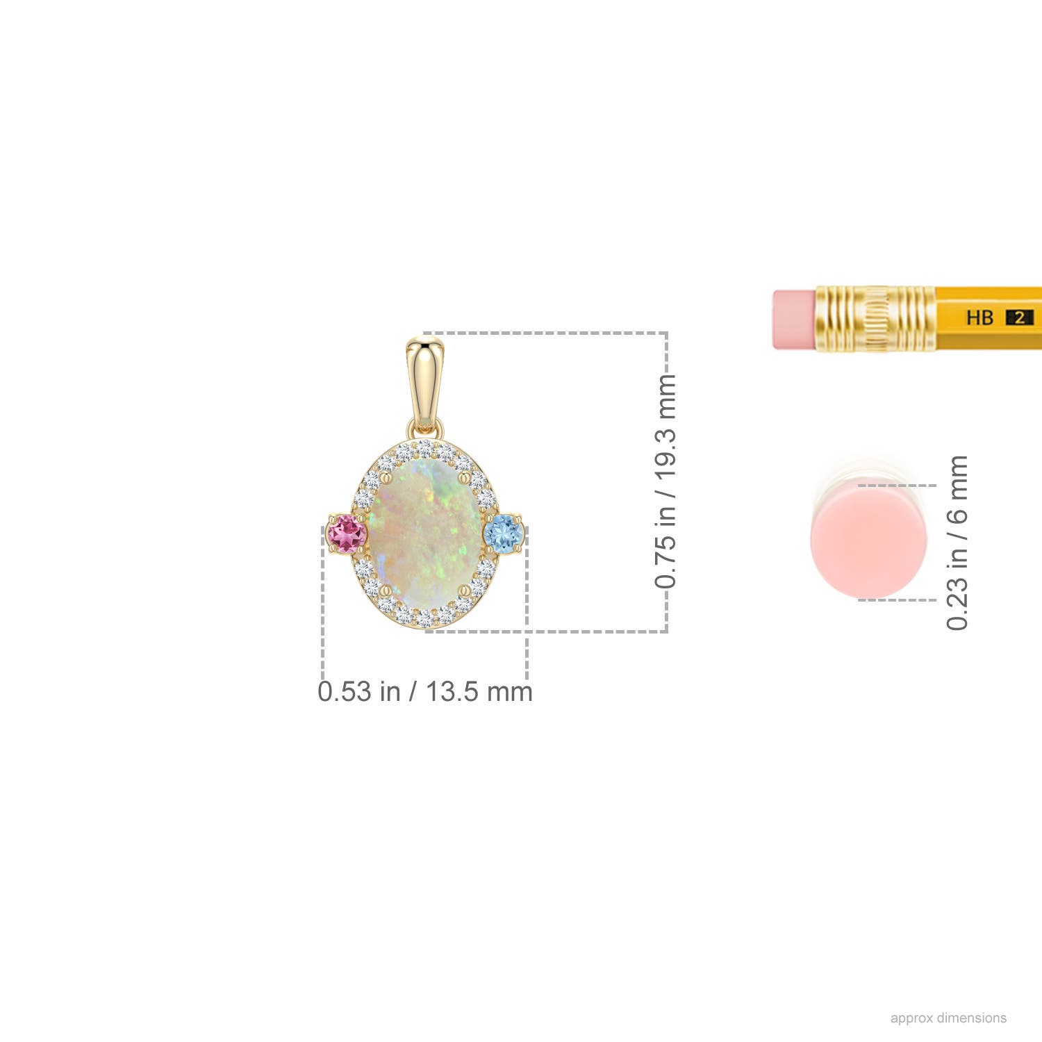 8x6mm AAA Oval Opal Halo Pendant with Aquamarine and Pink Tourmaline Accents in Yellow Gold - ruler - ruler