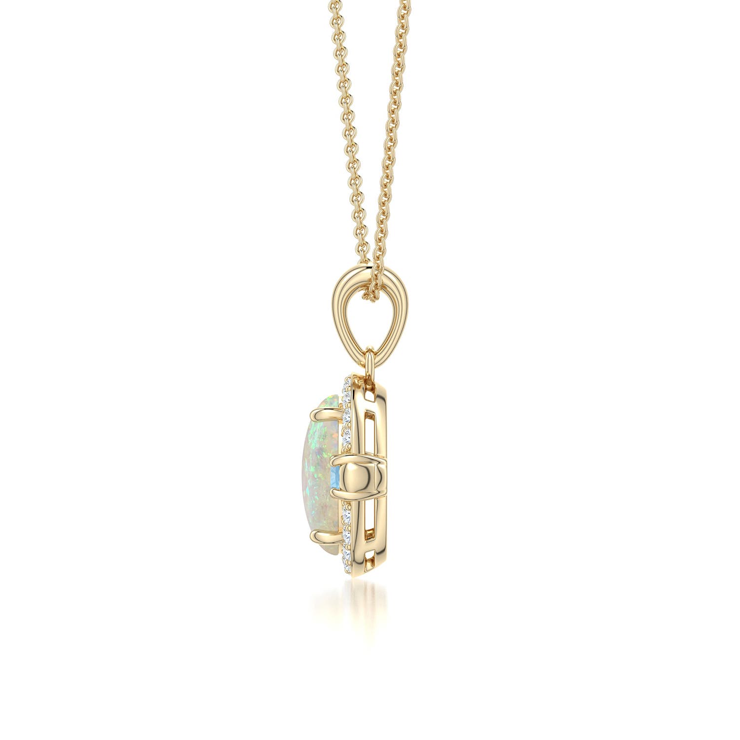 8x6mm AAA Oval Opal Halo Pendant with Aquamarine and Pink Tourmaline Accents in Yellow Gold - side - side 2
