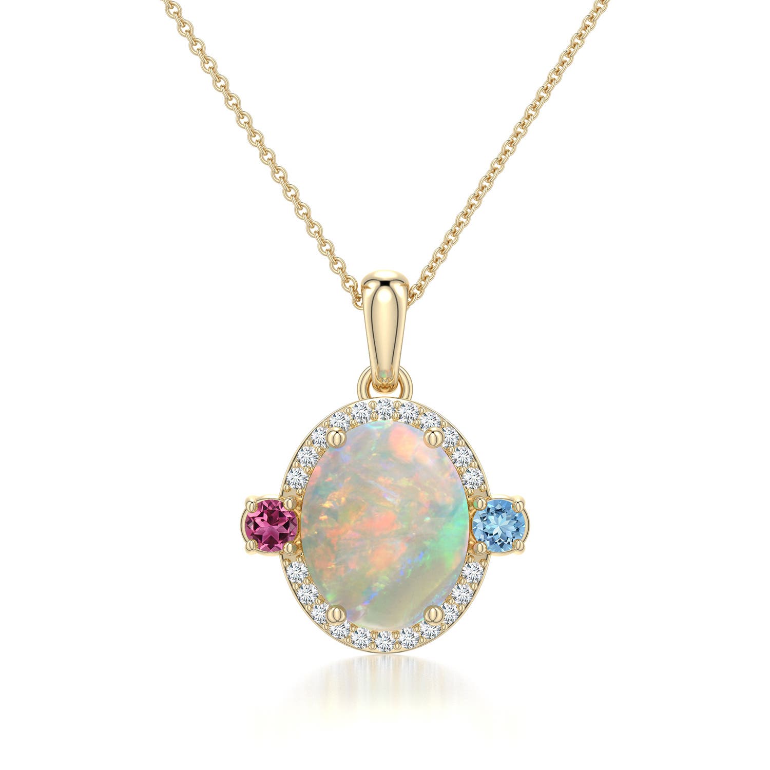 10x8mm AAAA Oval Opal Halo Pendant with Aquamarine and Pink Tourmaline Accents in 18K Yellow Gold - main