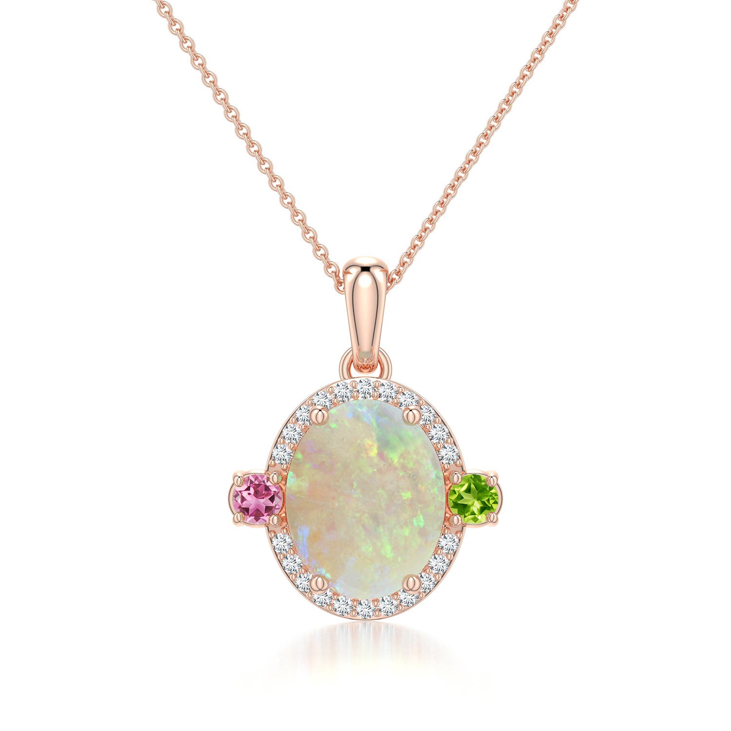10x8mm AAA Oval Opal Halo Pendant with Peridot and Pink Tourmaline Accents in Rose Gold - main