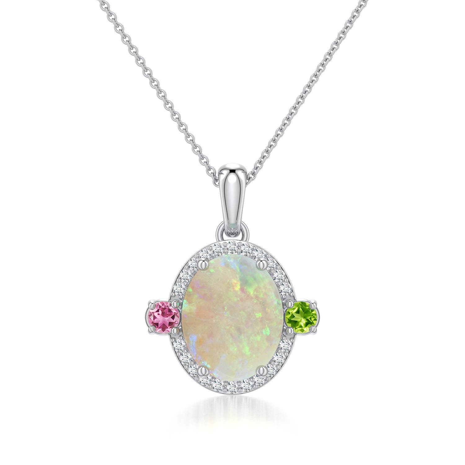 10x8mm AAA Oval Opal Halo Pendant with Peridot and Pink Tourmaline Accents in White Gold - main