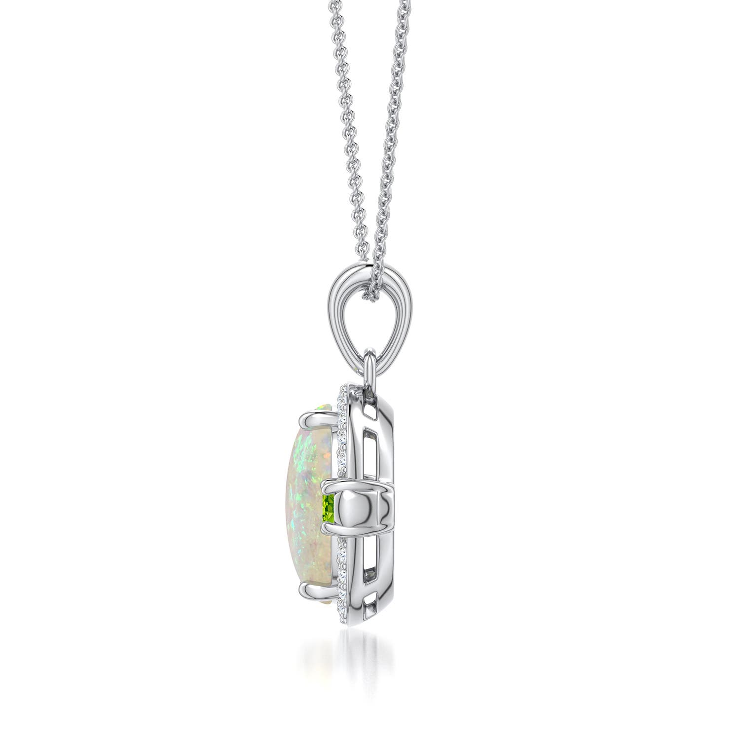 10x8mm AAA Oval Opal Halo Pendant with Peridot and Pink Tourmaline Accents in White Gold - side