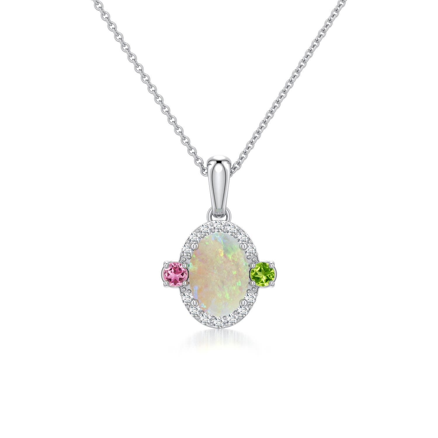 7x5mm AAA Oval Opal Halo Pendant with Peridot and Pink Tourmaline Accents in White Gold - main