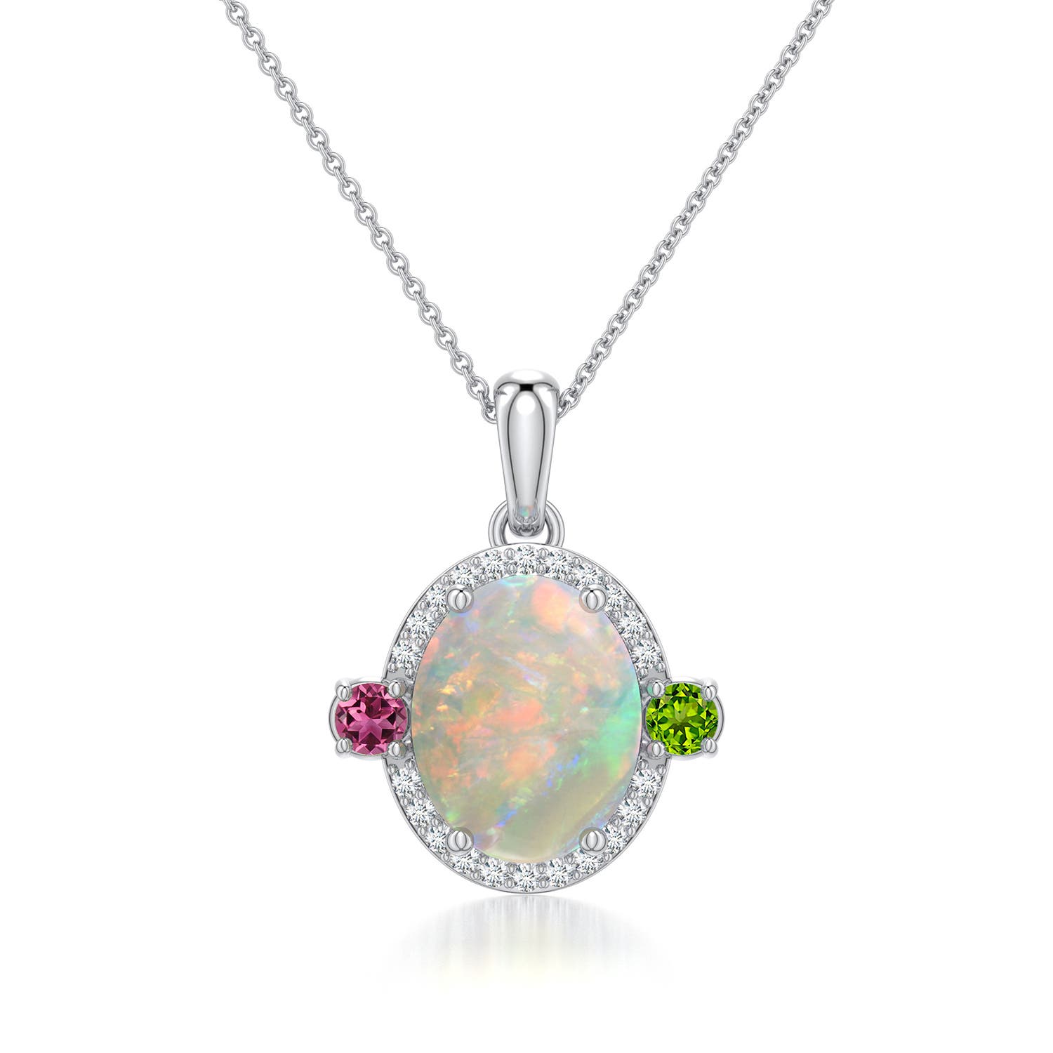10x8mm AAAA Oval Opal Halo Pendant with Peridot and Pink Tourmaline Accents in White Gold - main