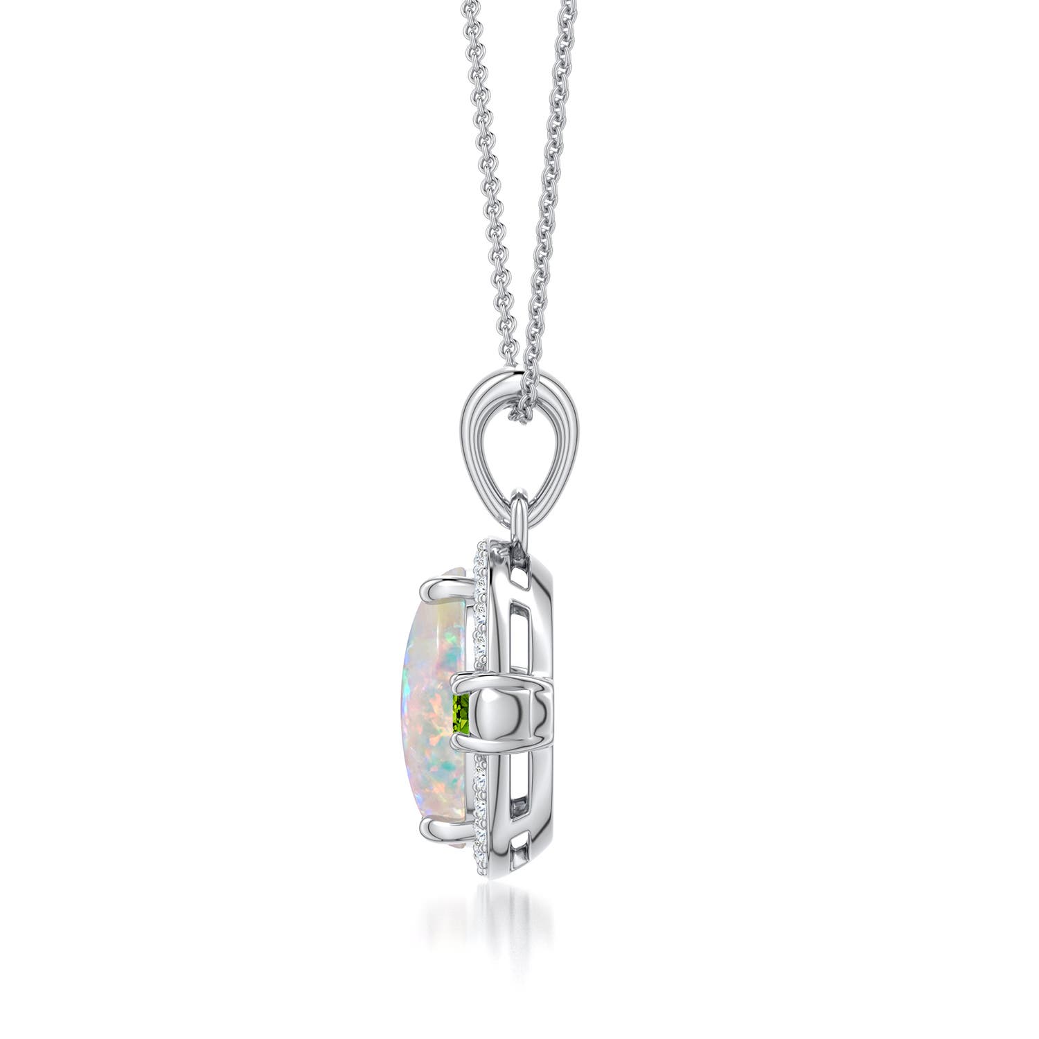 10x8mm AAAA Oval Opal Halo Pendant with Peridot and Pink Tourmaline Accents in White Gold - side