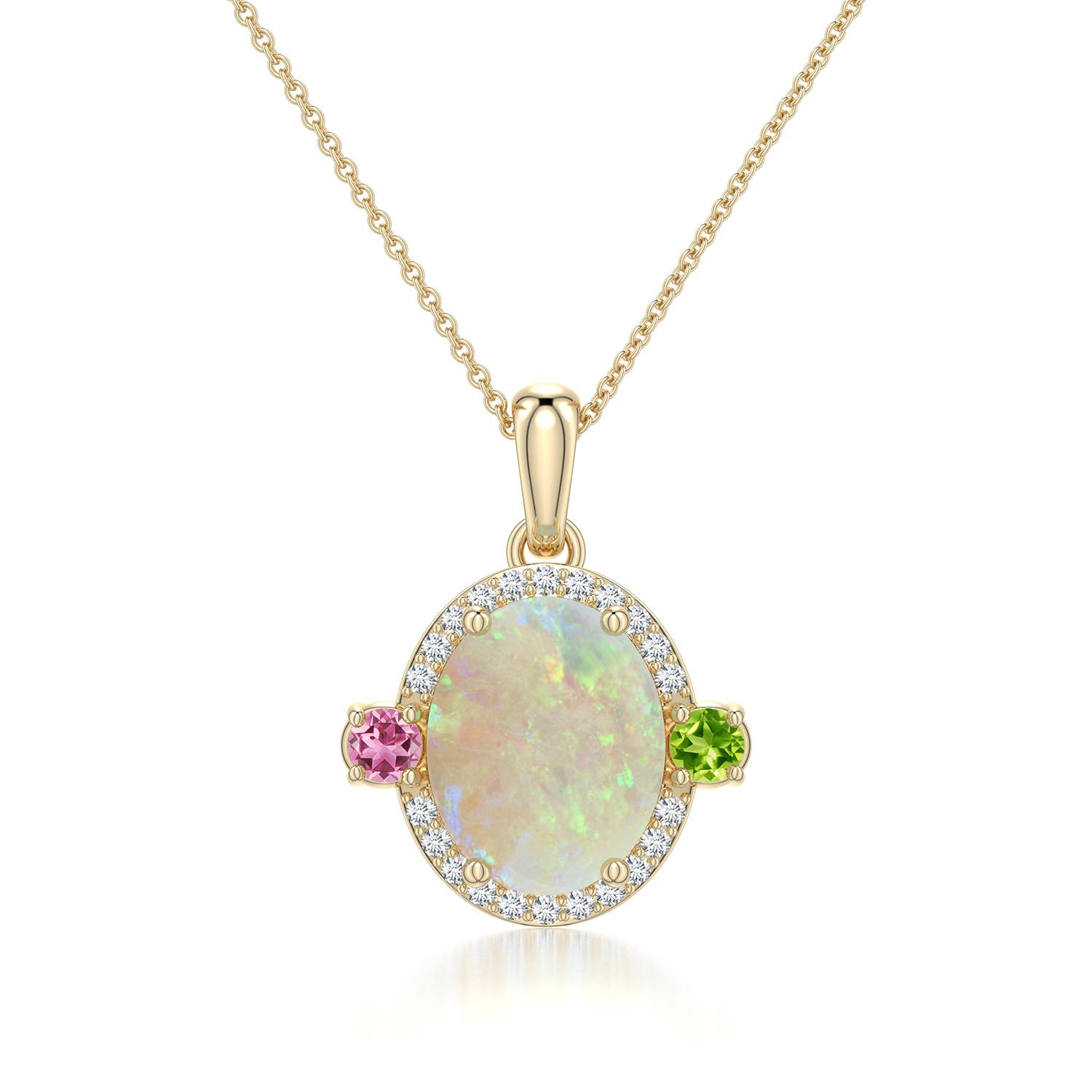 10x8mm AAA Oval Opal Halo Pendant with Peridot and Pink Tourmaline Accents in Yellow Gold - main