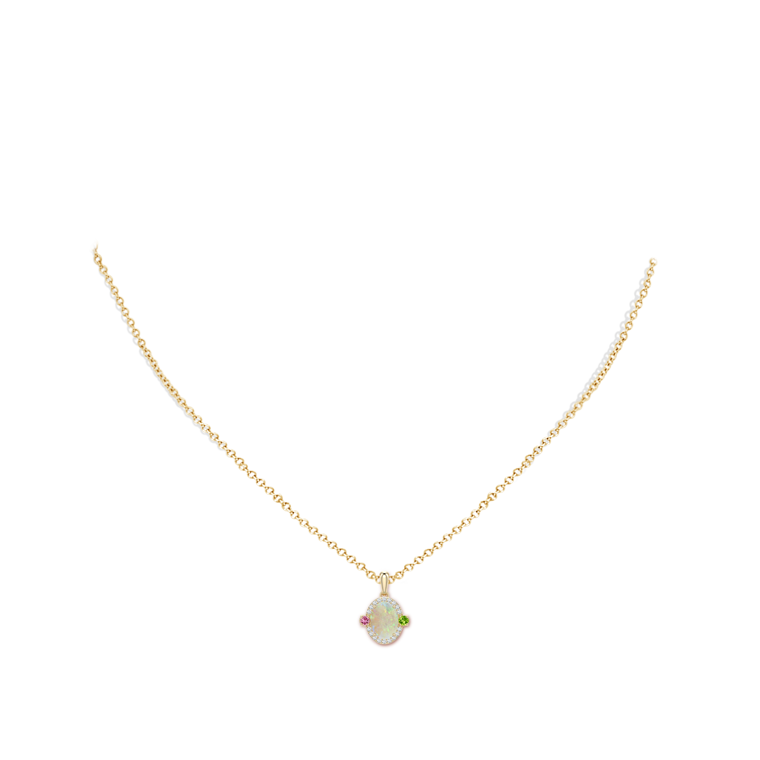 8x6mm AAA Oval Opal Halo Pendant with Peridot and Pink Tourmaline Accents in Yellow Gold - body_neck - body_neck