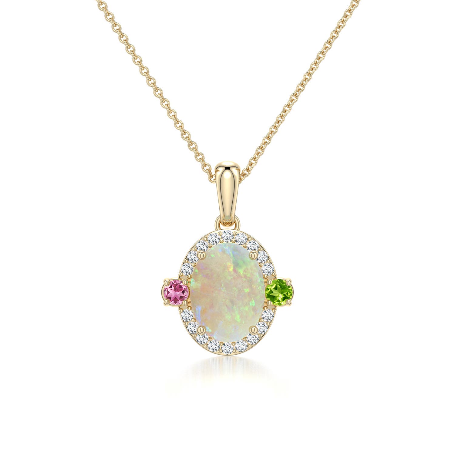 8x6mm AAA Oval Opal Halo Pendant with Peridot and Pink Tourmaline Accents in Yellow Gold - main