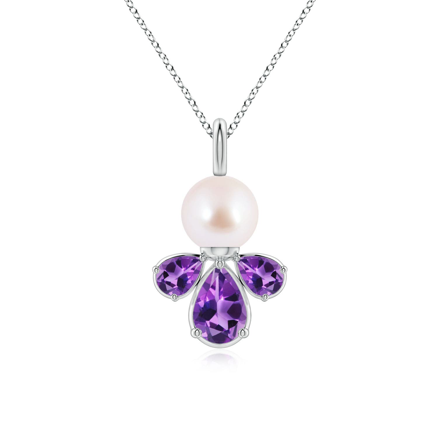 6mm AAA Akoya Pearl and Amethyst Cluster Necklace in White Gold