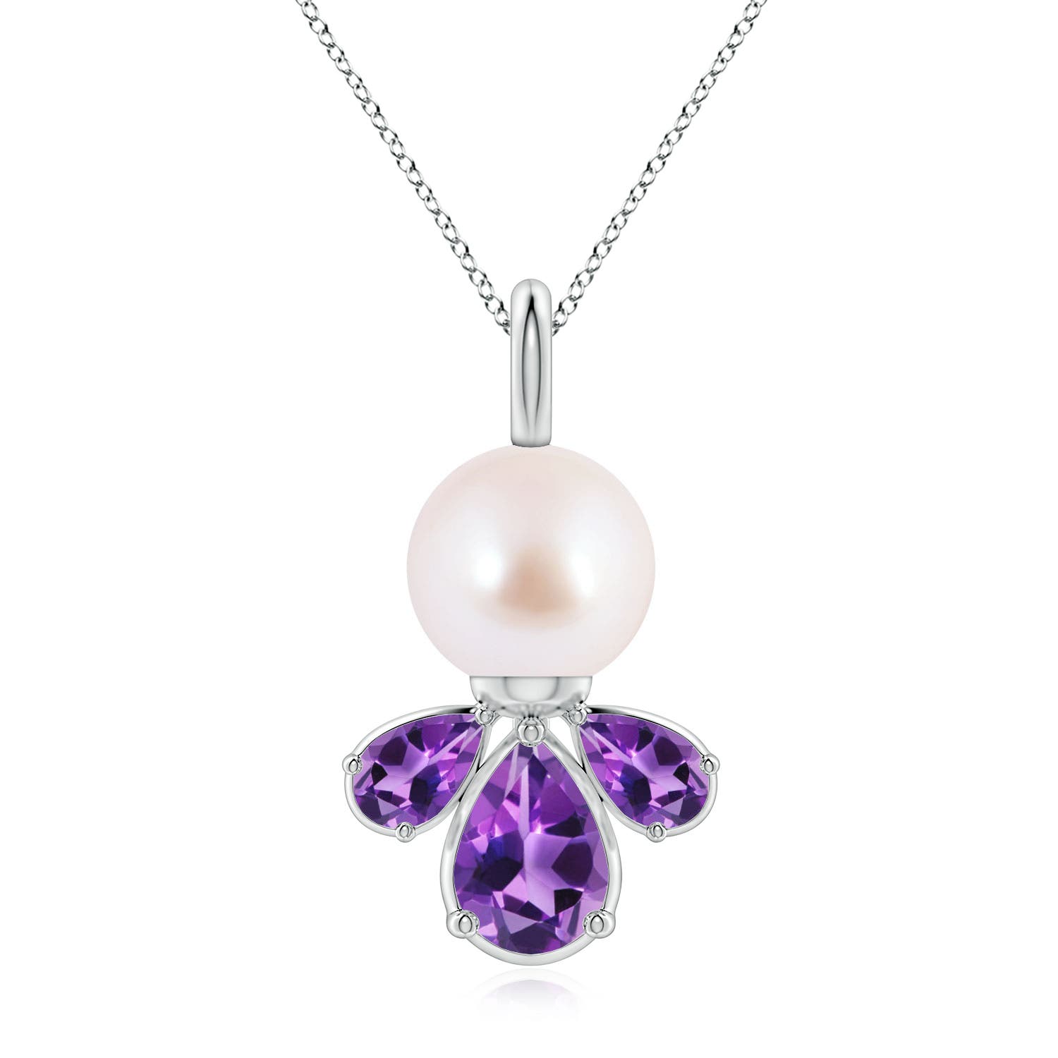 8mm AAA Akoya Pearl and Amethyst Cluster Necklace in White Gold