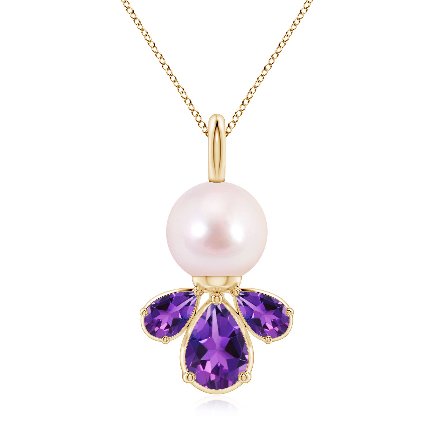 8mm AAAA Akoya Pearl and Amethyst Cluster Necklace in Yellow Gold