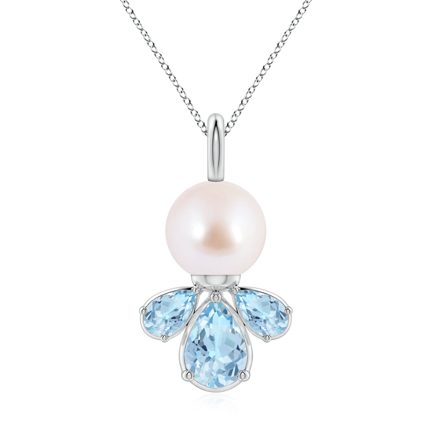 8mm AAA Akoya Pearl and Aquamarine Cluster Necklace in White Gold