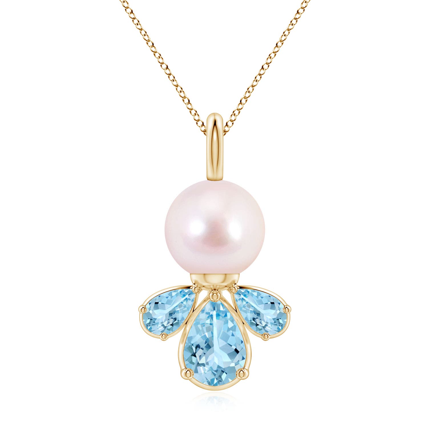 8mm AAAA Akoya Pearl and Aquamarine Cluster Necklace in Yellow Gold