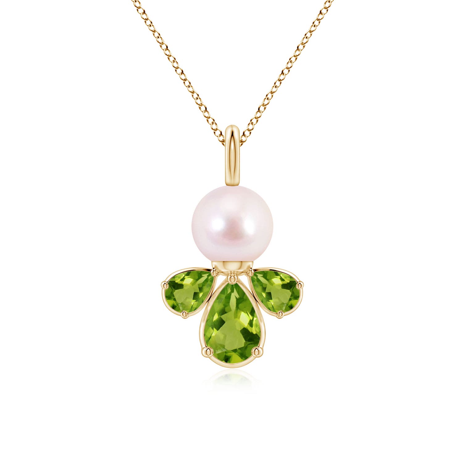 6mm AAAA Akoya Pearl and Peridot Cluster Necklace in 18K Yellow Gold