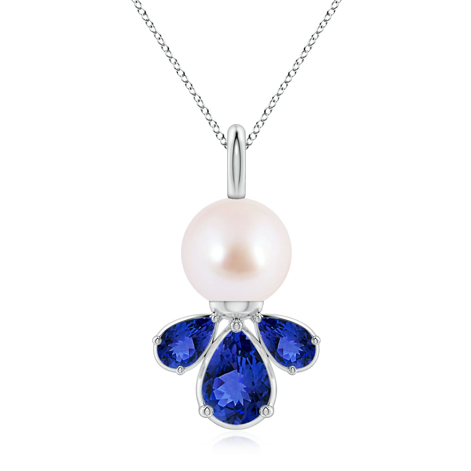 8mm AAA Akoya Pearl and Tanzanite Cluster Necklace in 18K White Gold