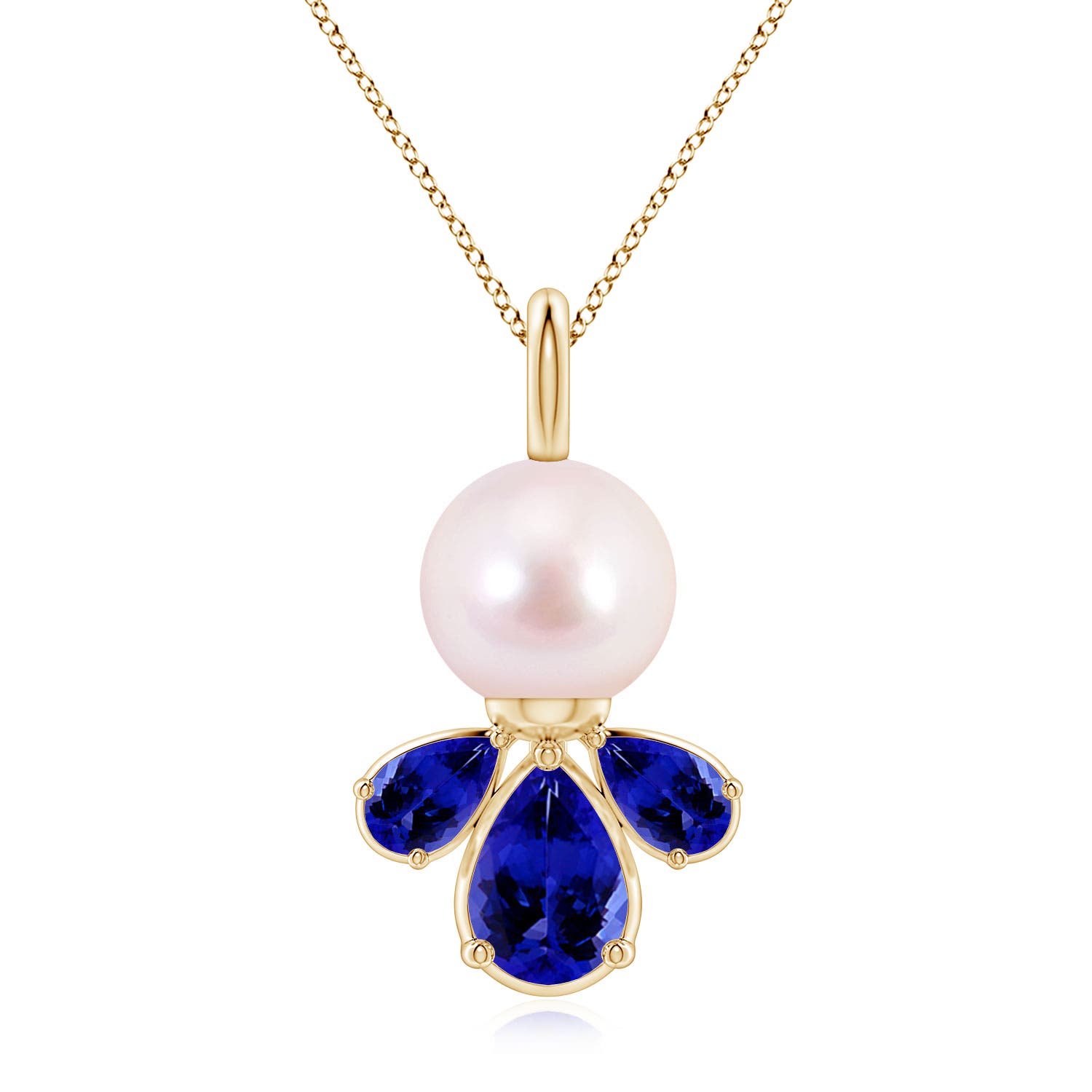 8mm AAAA Akoya Pearl and Tanzanite Cluster Necklace in Yellow Gold