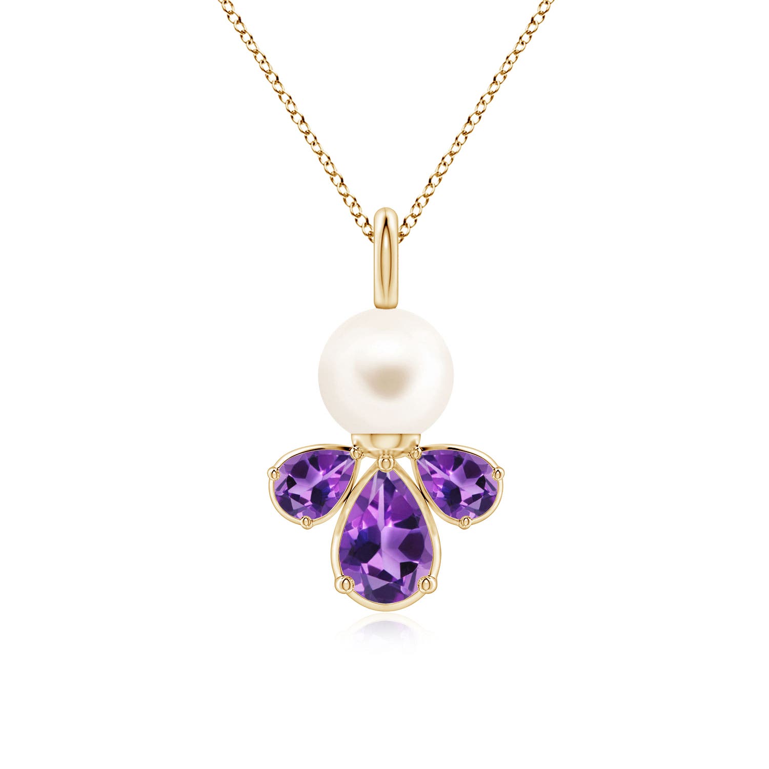 6mm AAA Freshwater Pearl and Amethyst Cluster Necklace in Yellow Gold