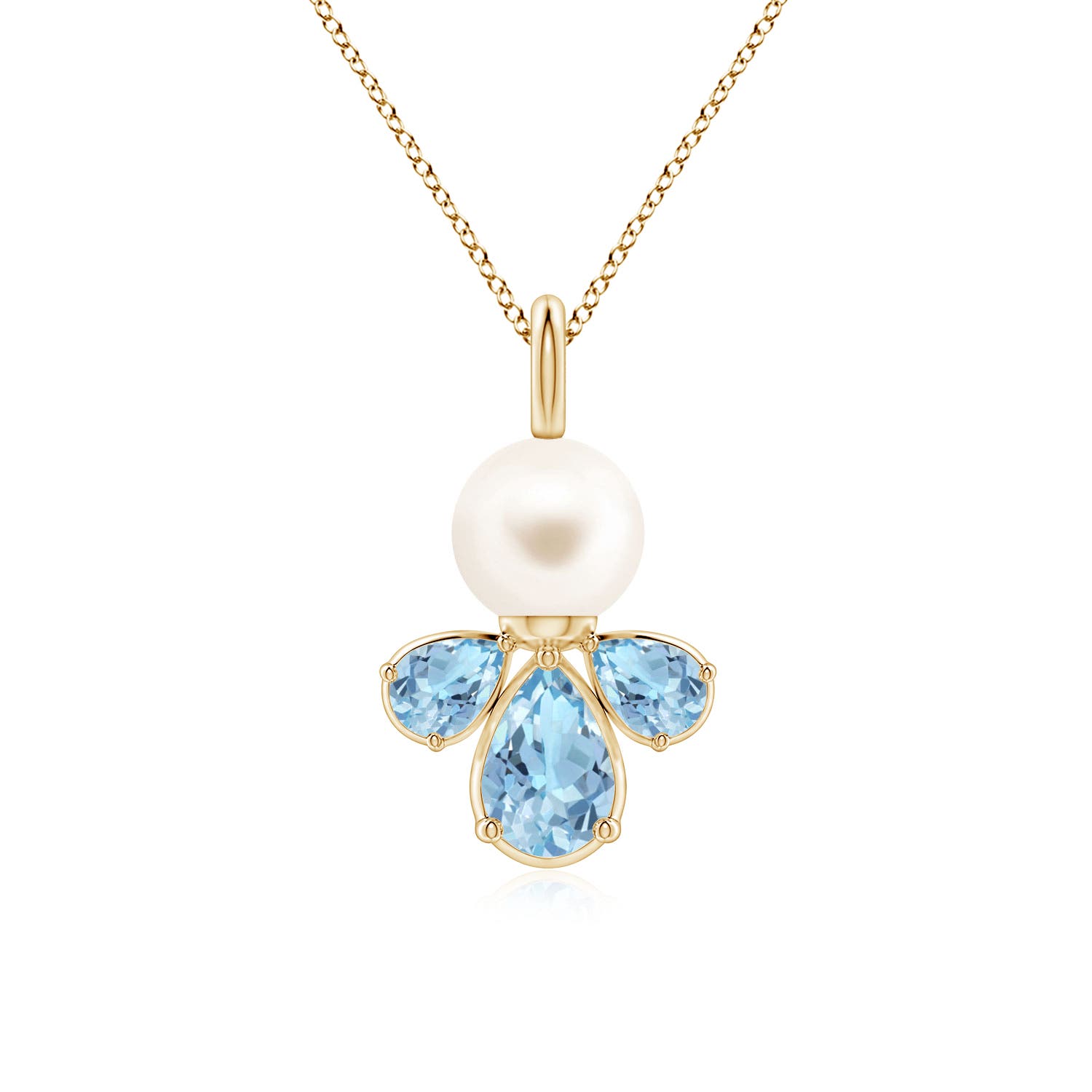 6mm AAA Freshwater Pearl and Aquamarine Cluster Necklace in Yellow Gold
