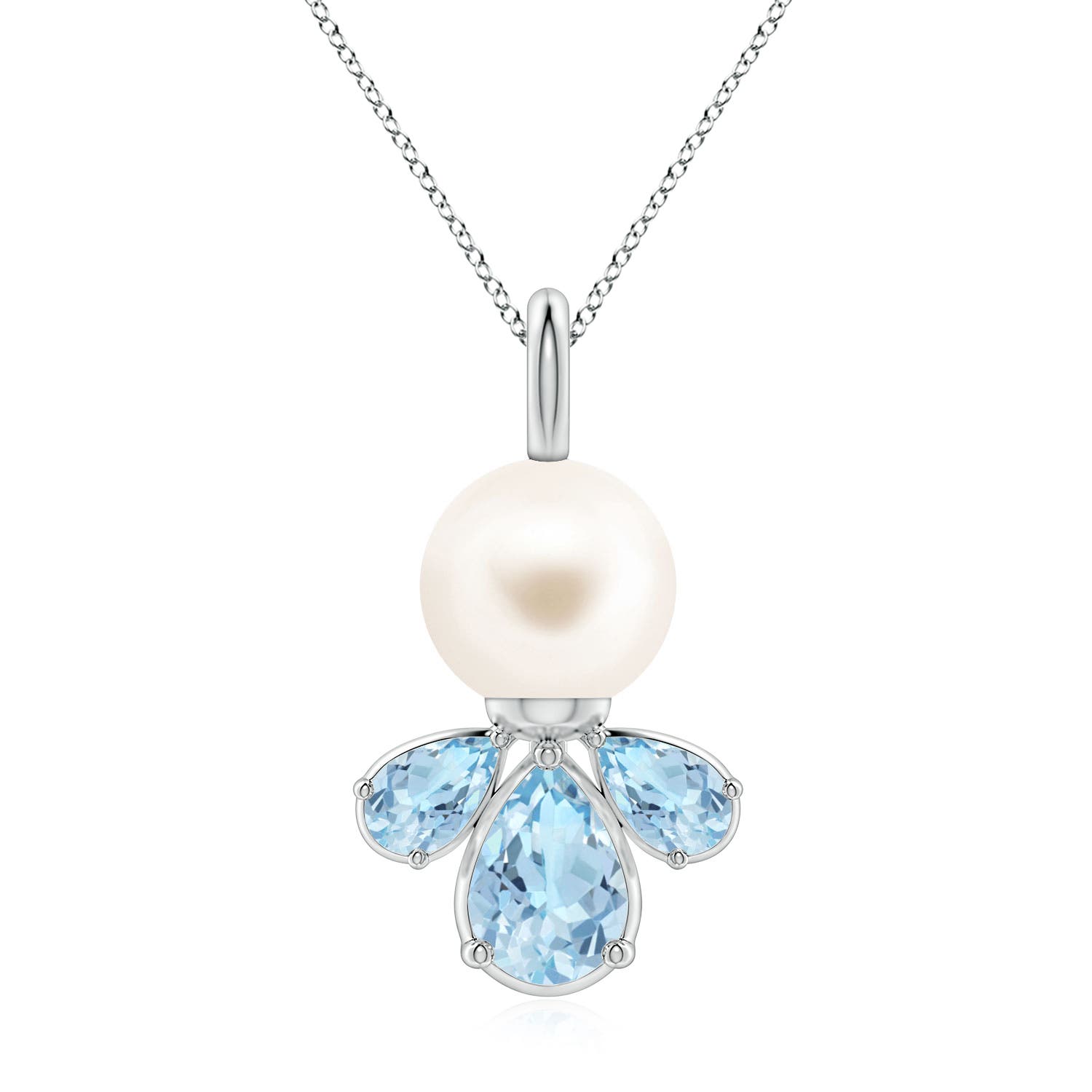 8mm AAA Freshwater Pearl and Aquamarine Cluster Necklace in White Gold