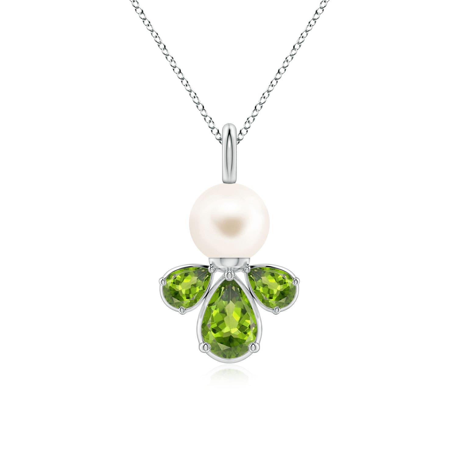 6mm AAA Freshwater Pearl and Peridot Cluster Necklace in White Gold