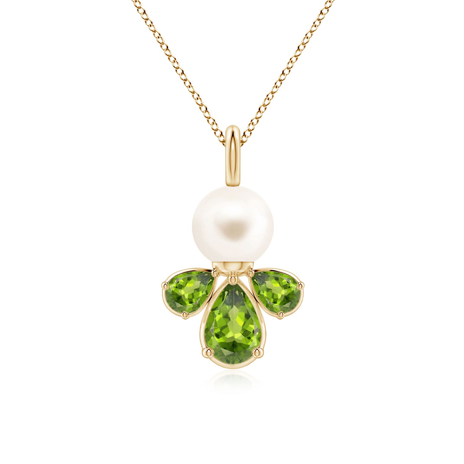 6mm AAA Freshwater Pearl and Peridot Cluster Necklace in Yellow Gold