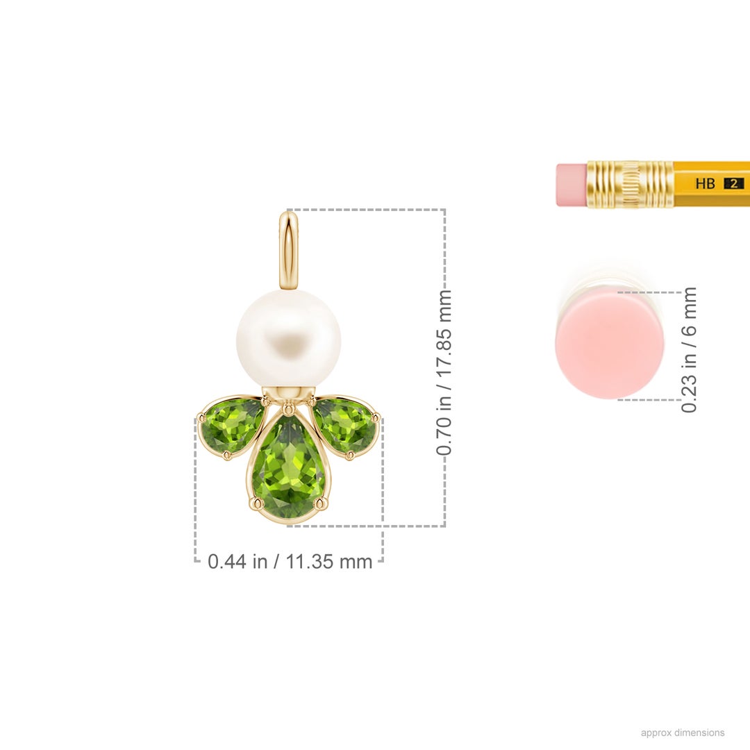 6mm AAA Freshwater Pearl and Peridot Cluster Necklace in Yellow Gold - ruler