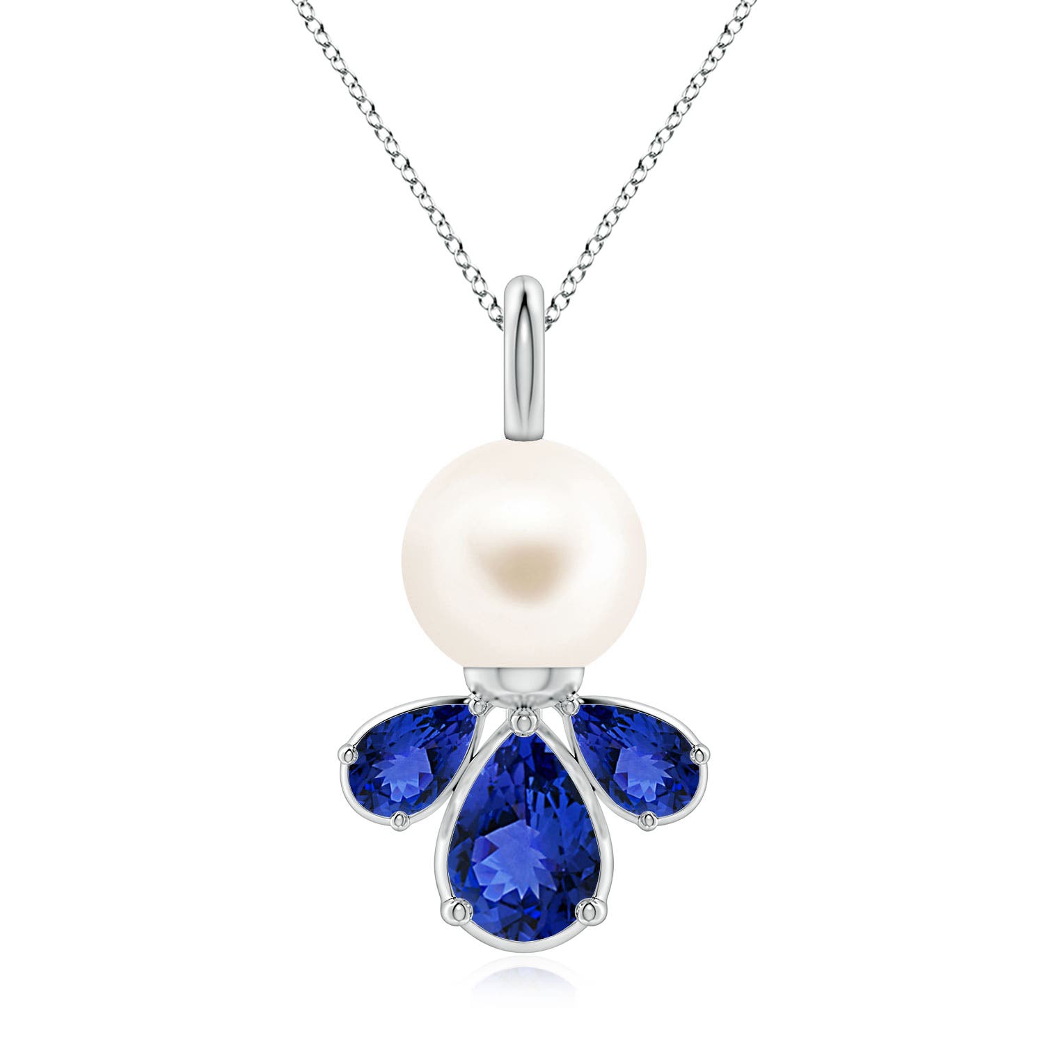 8mm AAA Freshwater Pearl and Tanzanite Cluster Necklace in 18K White Gold