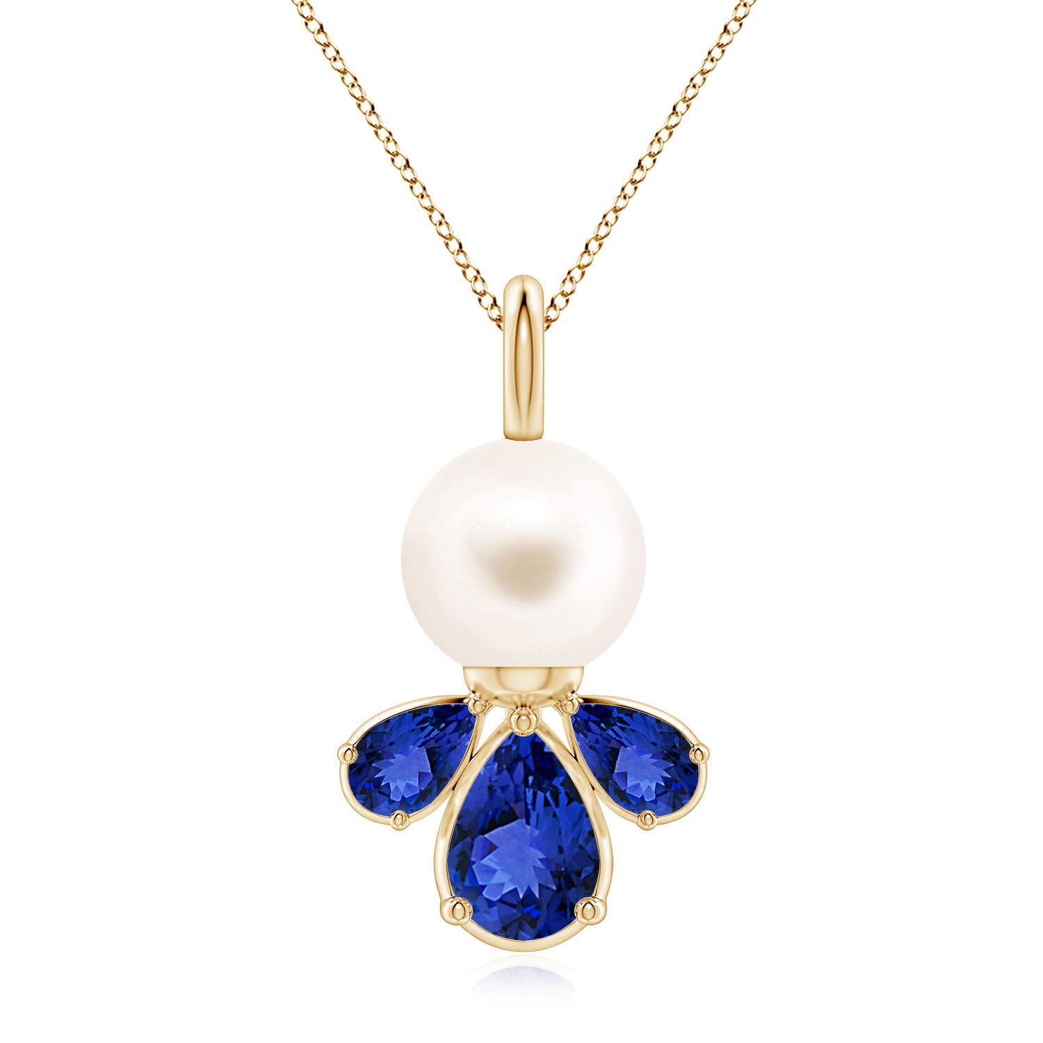 8mm AAA Freshwater Pearl and Tanzanite Cluster Necklace in Yellow Gold