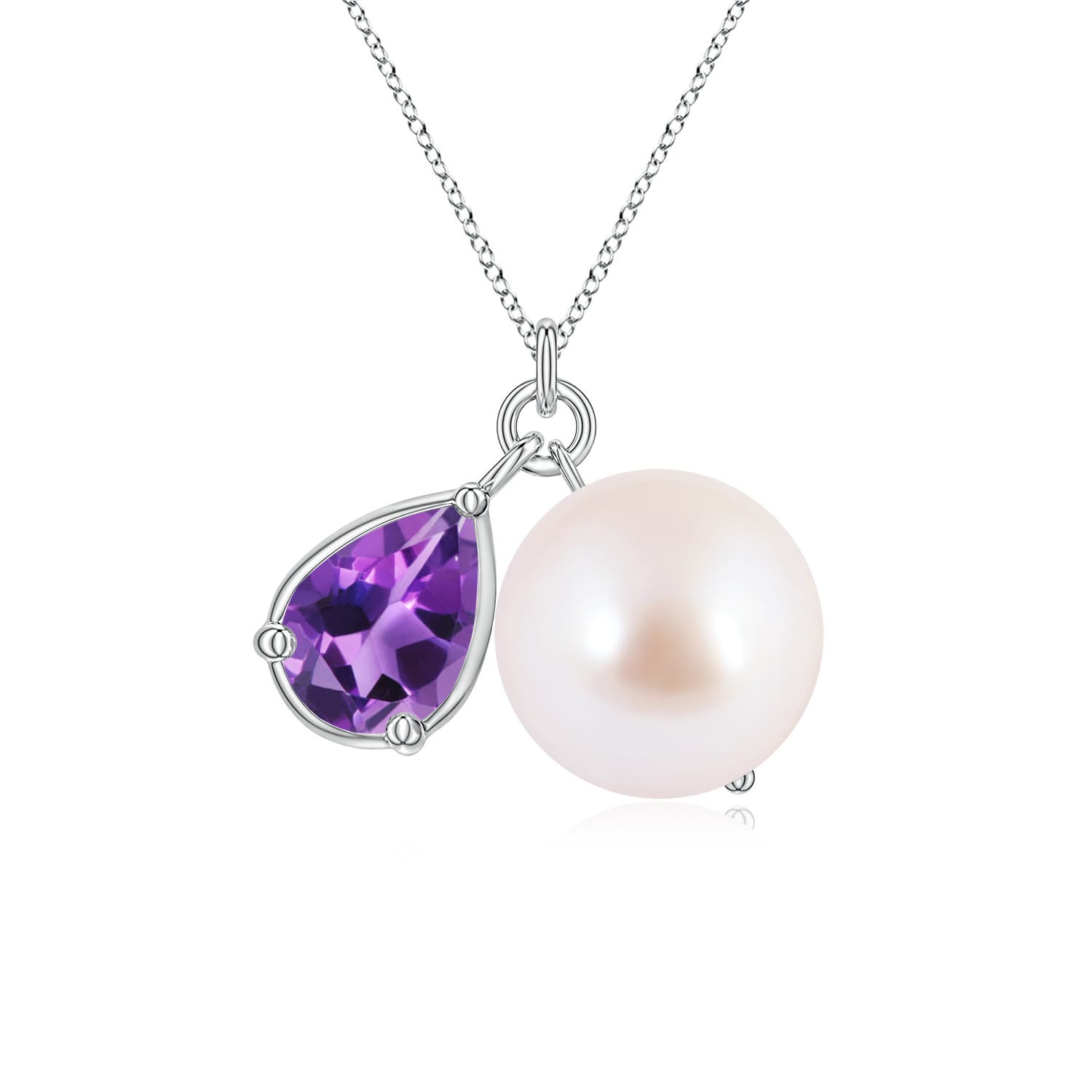 9mm AAA Akoya Pearl and Pear Amethyst Charm Necklace in White Gold