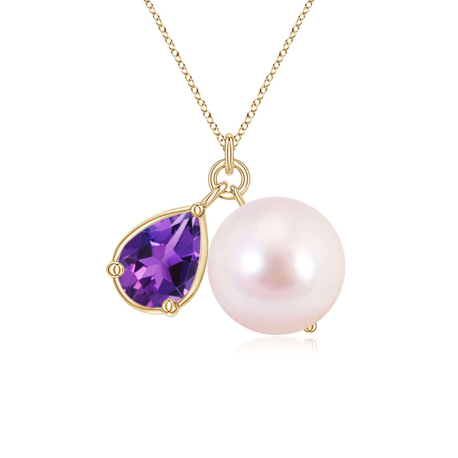9mm AAAA Akoya Pearl and Pear Amethyst Charm Necklace in Yellow Gold