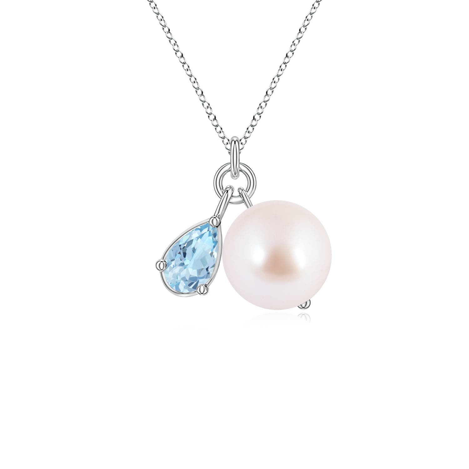 7mm AAA Akoya Pearl and Pear Aquamarine Charm Necklace in White Gold