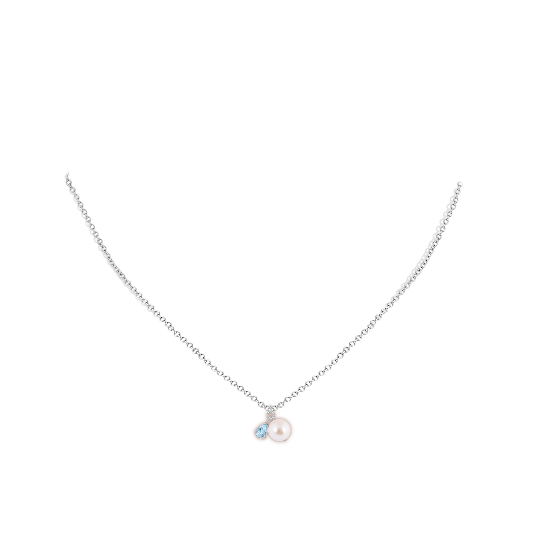 7mm AAA Akoya Pearl and Pear Aquamarine Charm Necklace in White Gold - body_neck