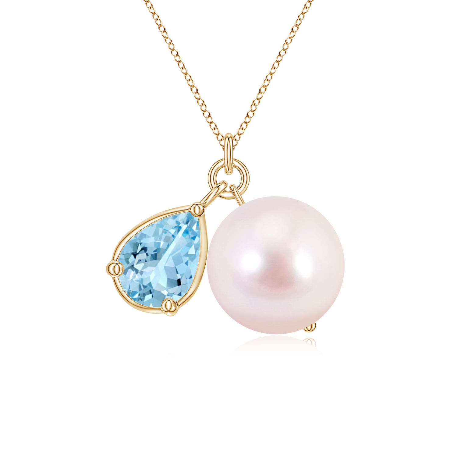 9mm AAAA Akoya Pearl and Pear Aquamarine Charm Necklace in Yellow Gold