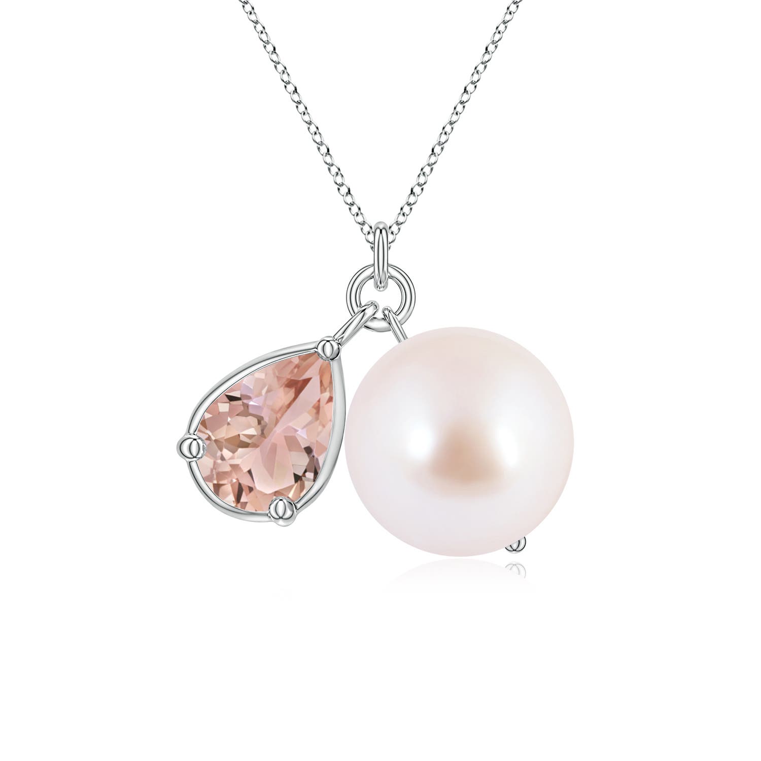 9mm AAA Akoya Pearl and Pear Morganite Charm Necklace in White Gold