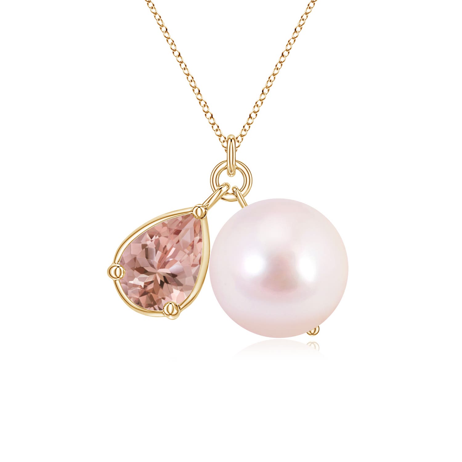 9mm AAAA Akoya Pearl and Pear Morganite Charm Necklace in Yellow Gold