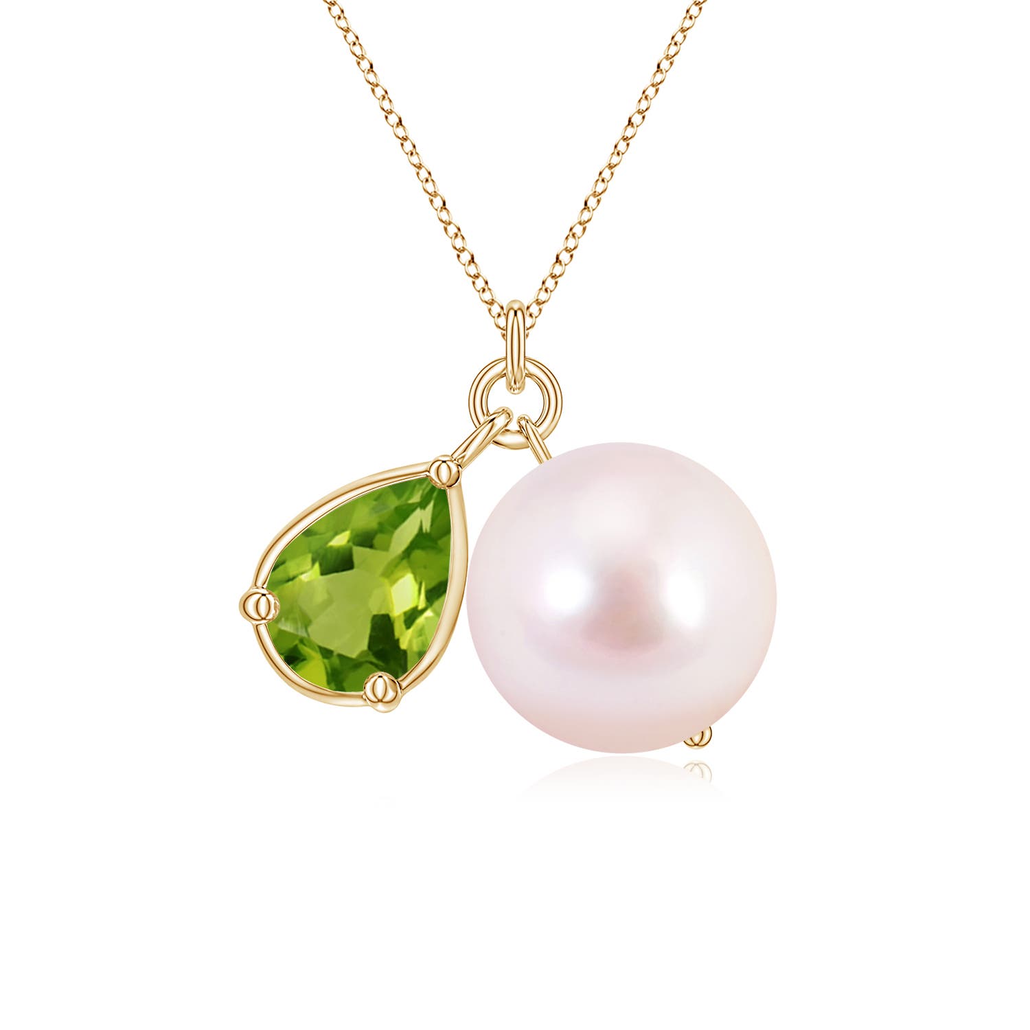 9mm AAAA Akoya Pearl and Pear Peridot Charm Necklace in Yellow Gold