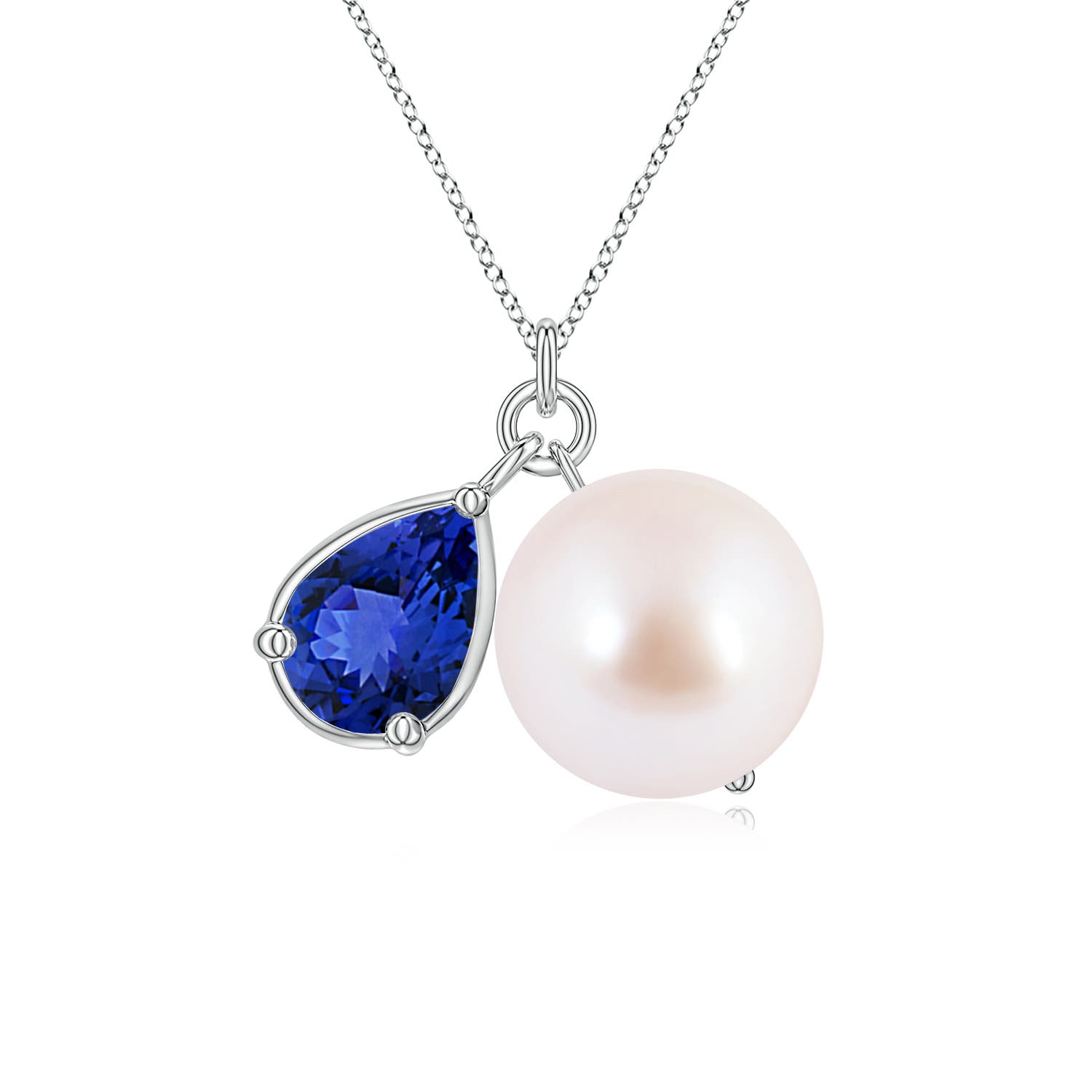 9mm AAA Akoya Pearl and Pear Tanzanite Charm Necklace in White Gold