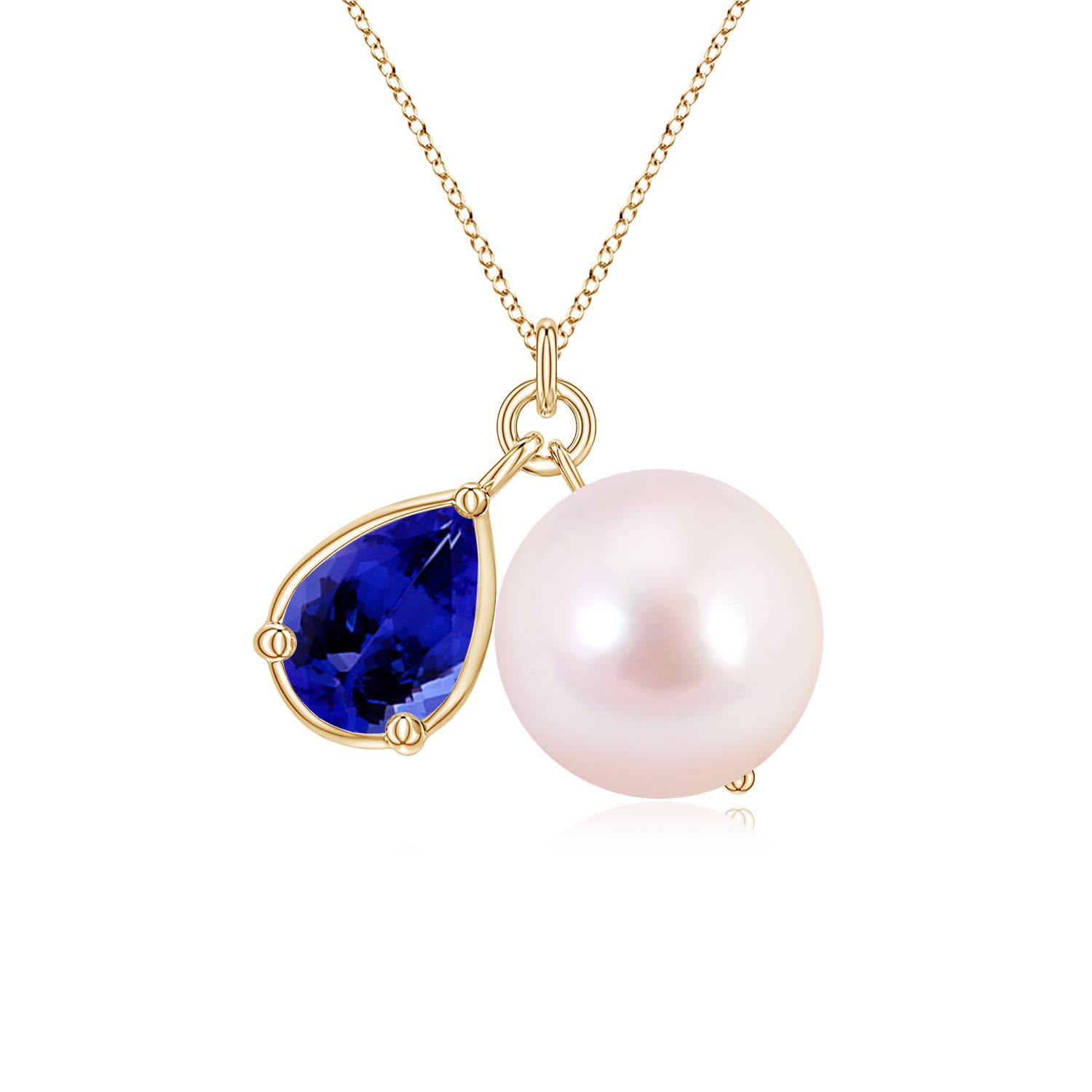 9mm AAAA Akoya Pearl and Pear Tanzanite Charm Necklace in Yellow Gold