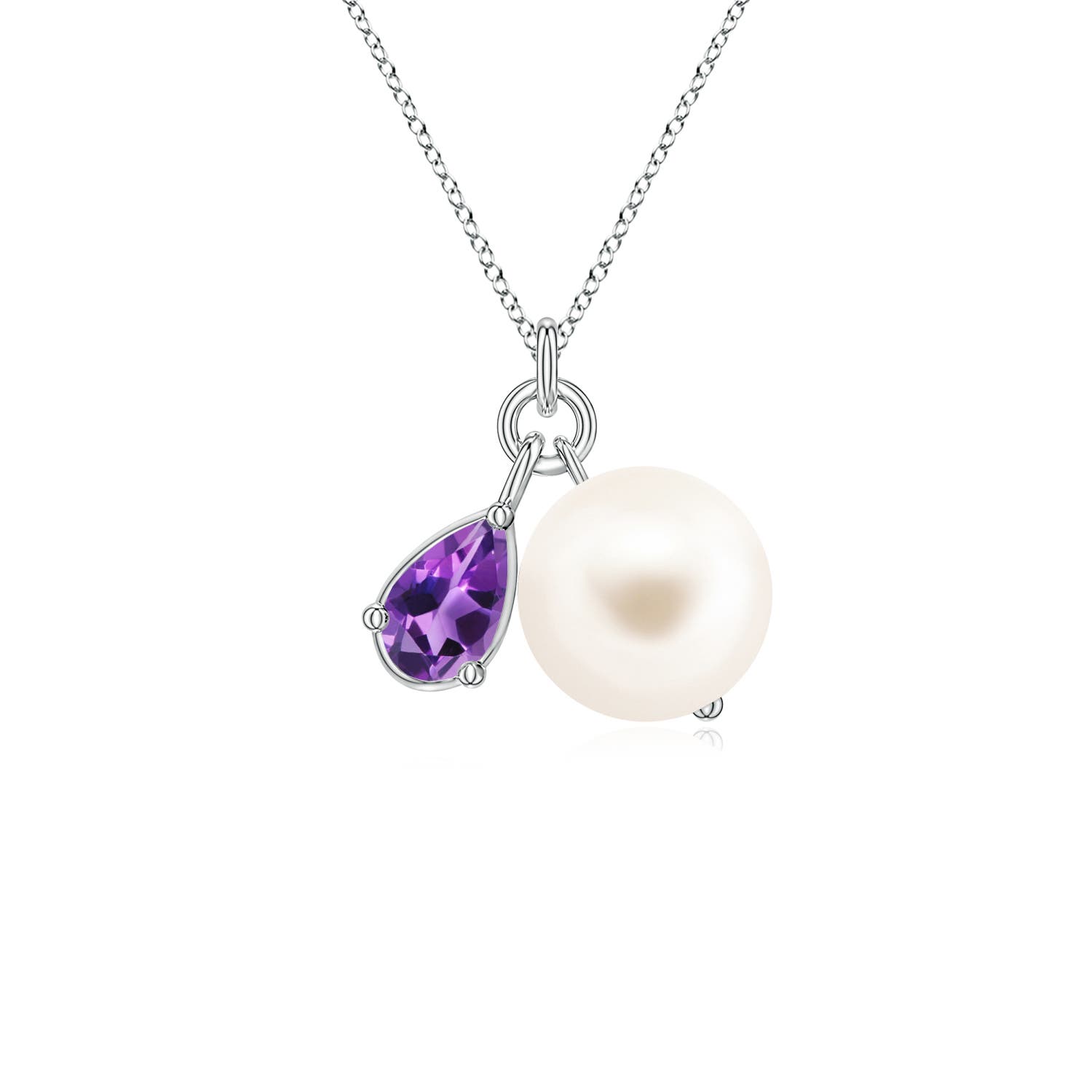 7mm AAA Freshwater Pearl and Pear Amethyst Charm Necklace in White Gold