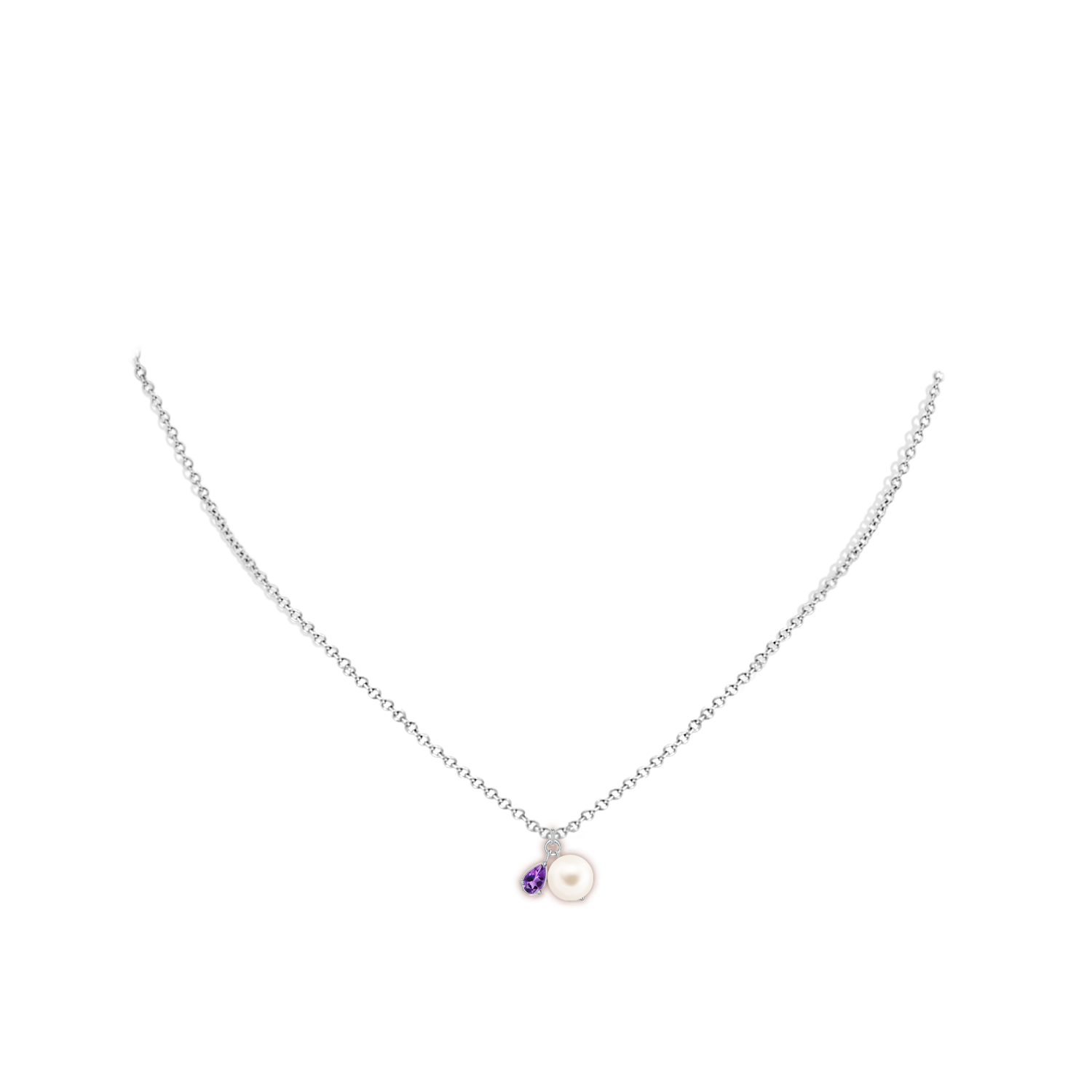 7mm AAA Freshwater Pearl and Pear Amethyst Charm Necklace in White Gold - body_neck