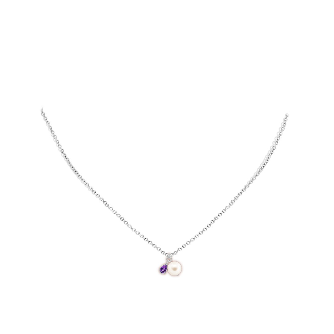 7mm AAA Freshwater Pearl and Pear Amethyst Charm Necklace in White Gold - body_neck