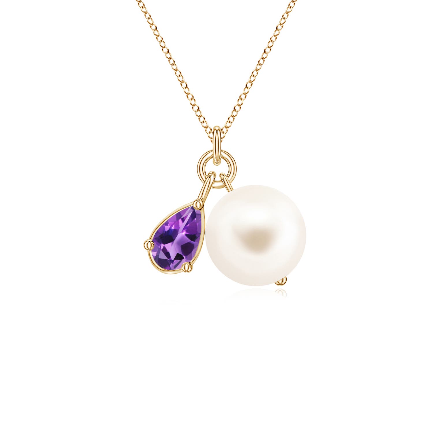 Angara 7 MM Freshwater Pearl and Pear Amethyst Charm Necklace in 14K Yellow Gold