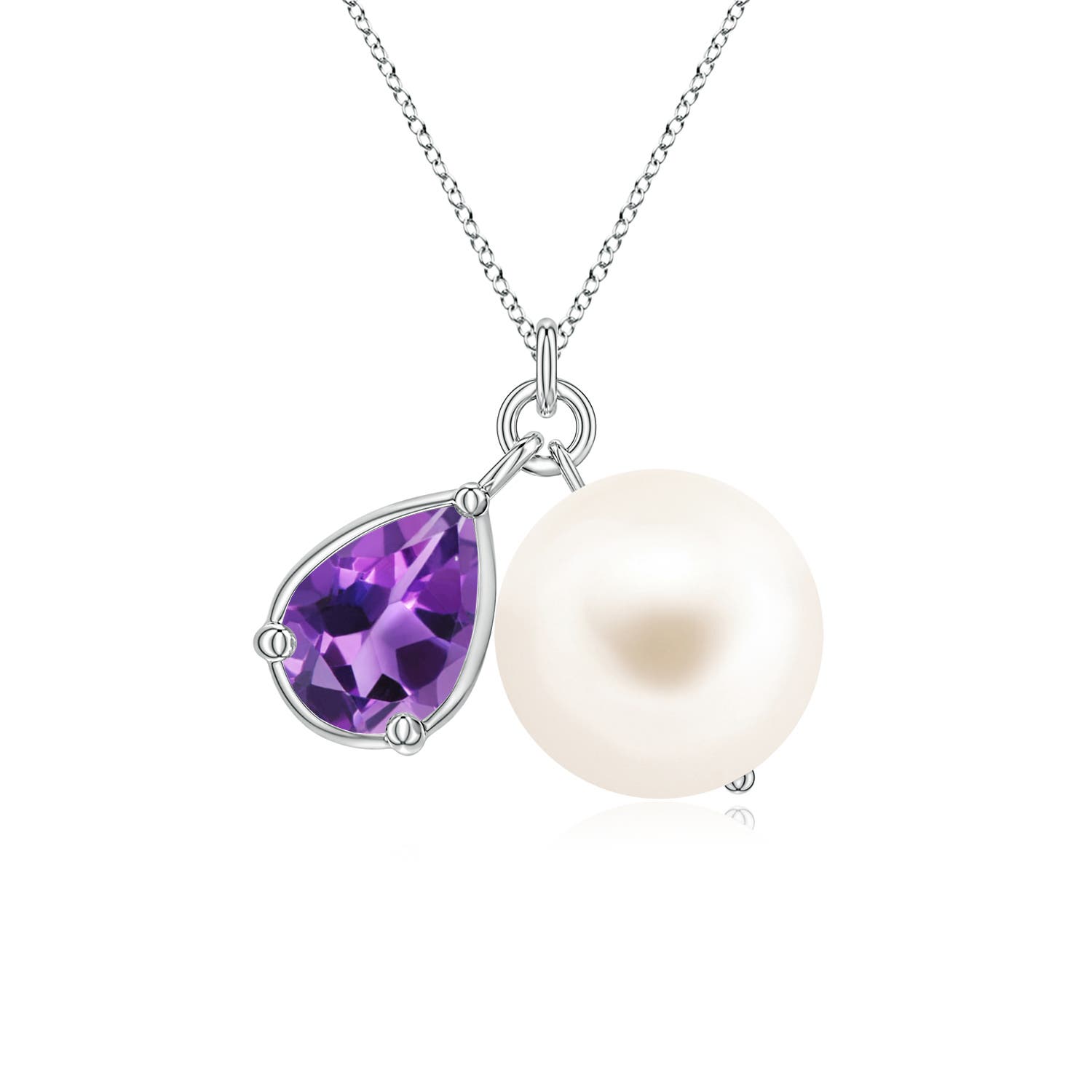 9mm AAA Freshwater Pearl and Pear Amethyst Charm Necklace in White Gold