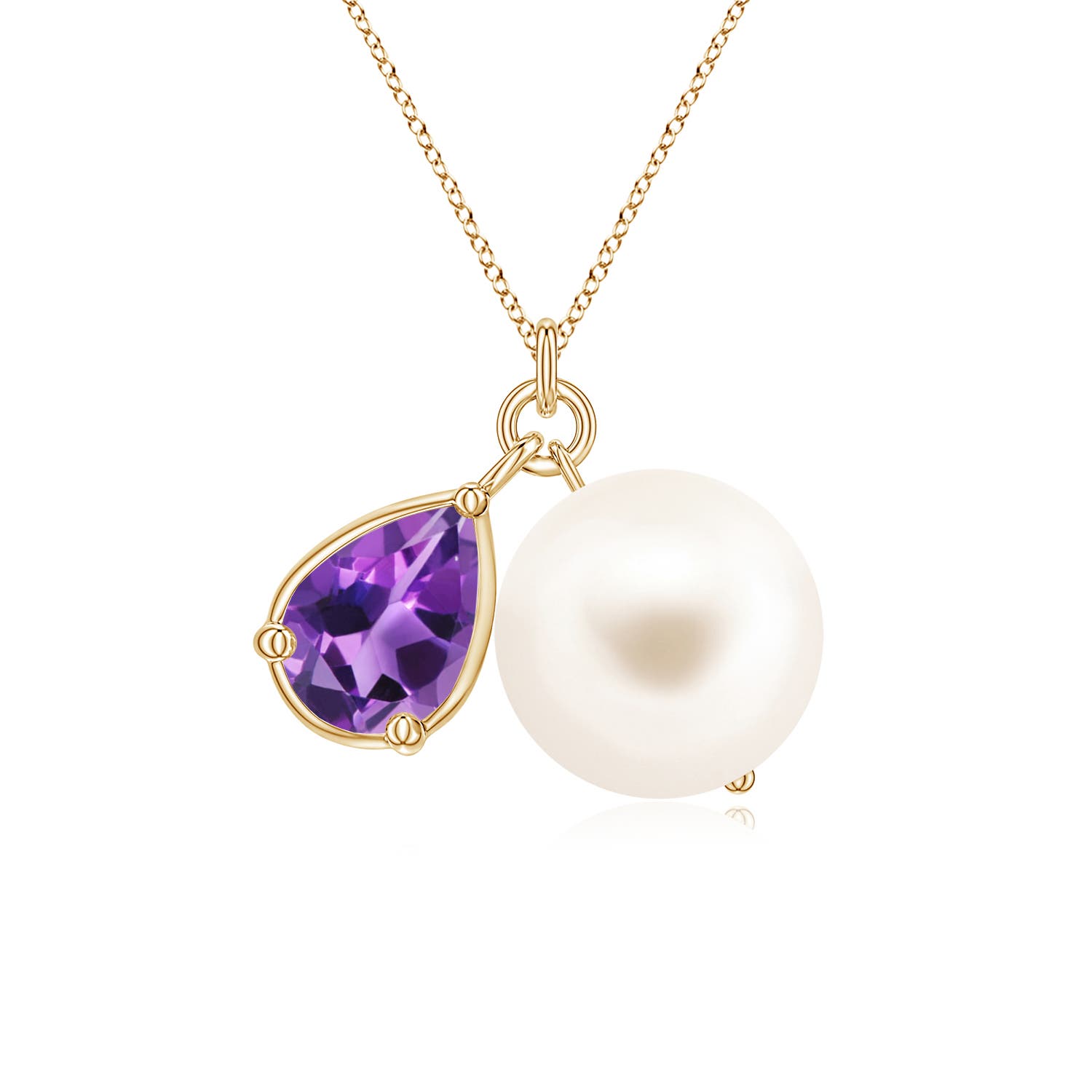 9mm AAA Freshwater Pearl and Pear Amethyst Charm Necklace in Yellow Gold