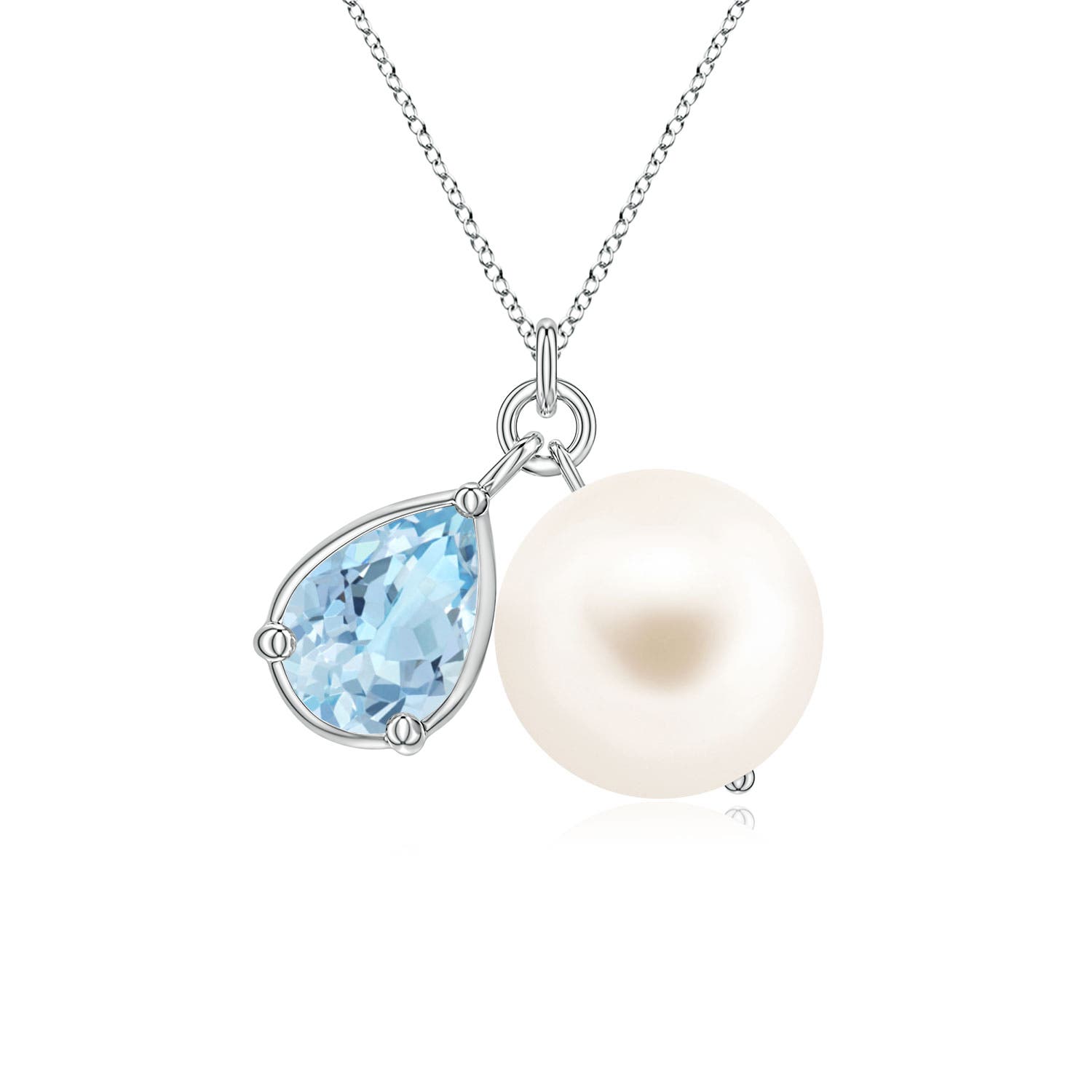 9mm AAA Freshwater Pearl and Pear Aquamarine Charm Necklace in White Gold
