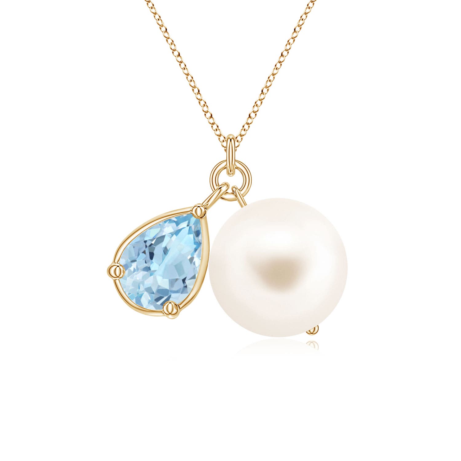 9mm AAA Freshwater Pearl and Pear Aquamarine Charm Necklace in Yellow Gold