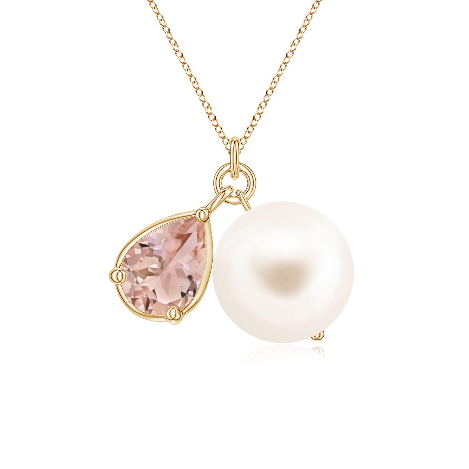 9mm AAA Freshwater Pearl and Pear Morganite Charm Necklace in Yellow Gold