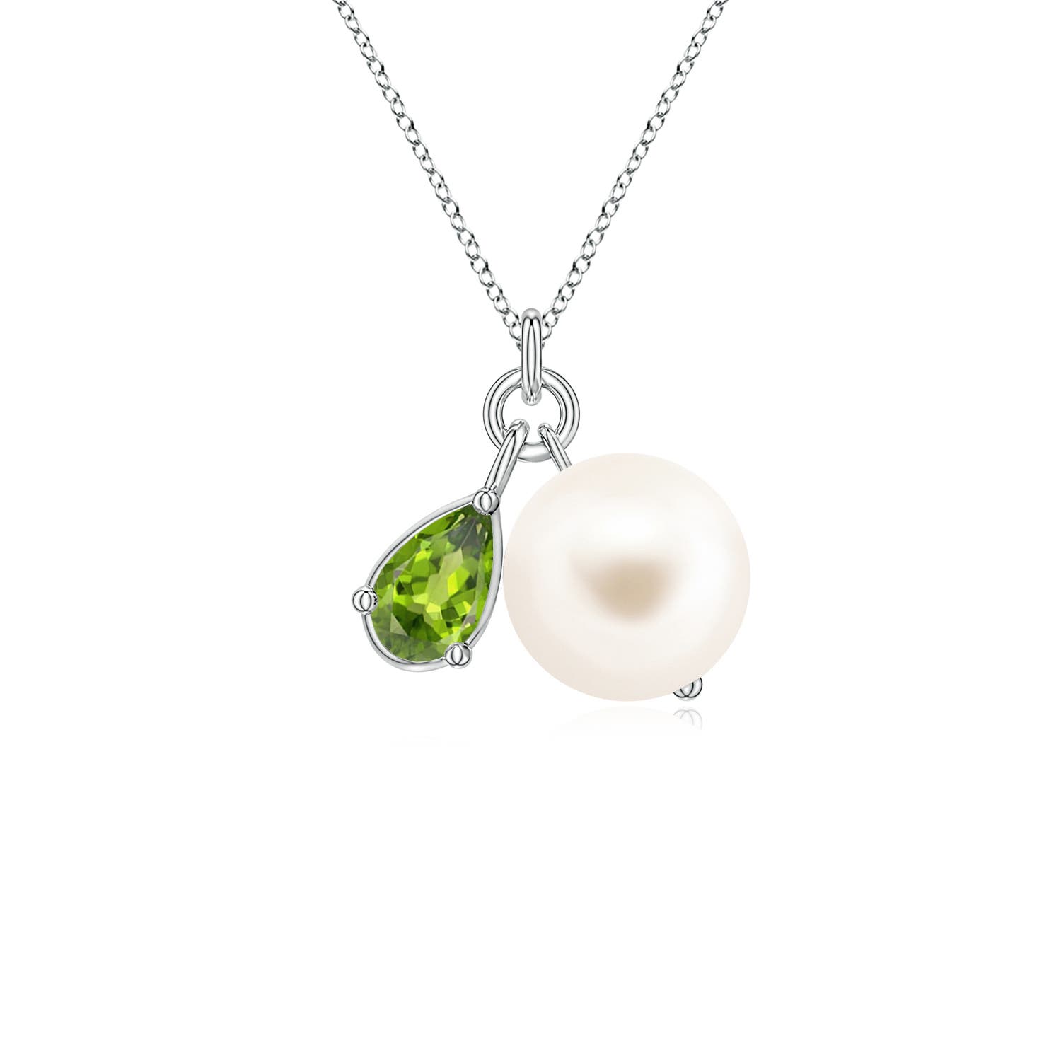 7mm AAA Freshwater Pearl and Pear Peridot Charm Necklace in White Gold